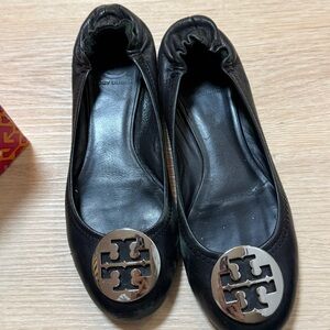 Tory Burch Black Leather Flats with Silver Logo